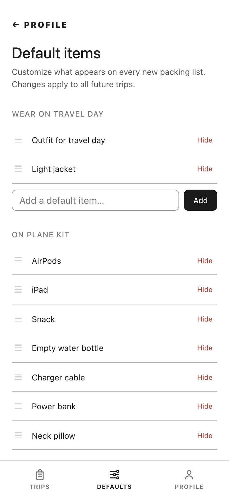 Packr's default items screen, the master list every trip is built from